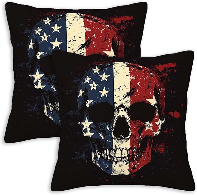 Patriotic Skull Throw Pillow Covers 18x18 Set of 2 | Decorative Cushion Cases for Couch, Sofa and Bedroom | Rustic Americana Home Decor for Living Room, Man Cave