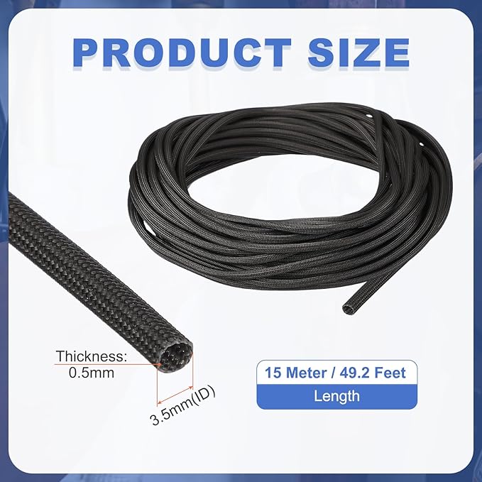 uxcell Insulation Cable Protector,3.5mm/0.14 Inch-15m/49 Feet High Temp Fiberglass Sleeve Black