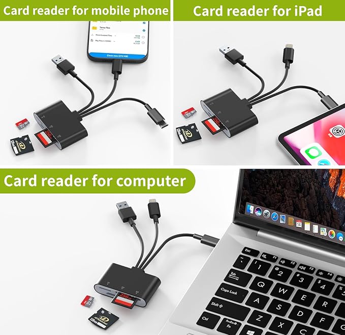 XD Card Reader for Olympus Fujifilm, 3-in-1 XD Picture Card Adapter with Lightning/USB-A/USB C for iPhone 17/16/15/14/13/12 iPad Android PC, Memory Cards Reader for SD/TF/XD Cards and Digital Cameras