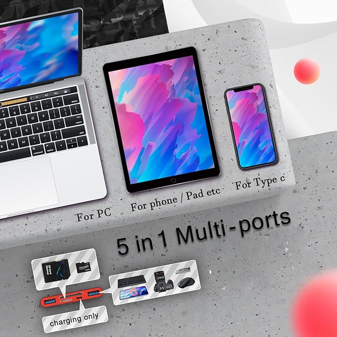 5-in-1 Memory Card Reader, USB OTG Adapter & SD Card Reader for i-Phone/i-Pad, USB C and USB A Devices with Micro SD & SD Card Slots, Supports SD/Micro SD/SDHC/SDXC/MMC(BlackRed)