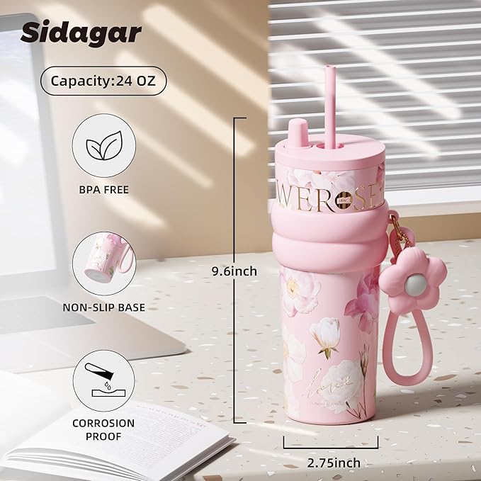 24 oz Stainless Steel Tumbler with Lid and Straw, Insulated Coffee Mug, Leak Proof, Portable Iced Travel Water Bottle, Reusable Thermal Coffee Cup, Floral Pink