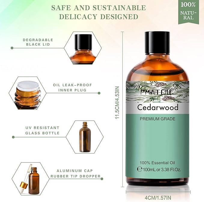 Cedarwood Essential Oil, 3.38Fl.Oz PHATOIL Pure Essential Oil Singles for Aromatherapy Diffusers, Humidifiers, Great for DIY Candle and Soap Making, Gift for Friend