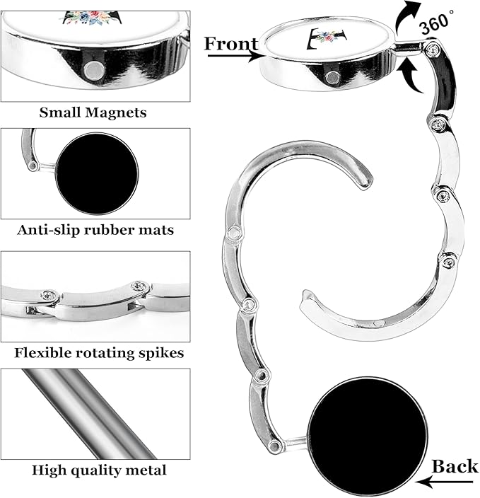 XSUIOY 3Pcs Personalized Initial Foldable Purse Hook for Table,Crushed Flower Letters Folding Purse Hanger,Purse Holder Handbag Hanger Collection Desk Table Bag Hooks Gifts for Women Bag(Black-T)