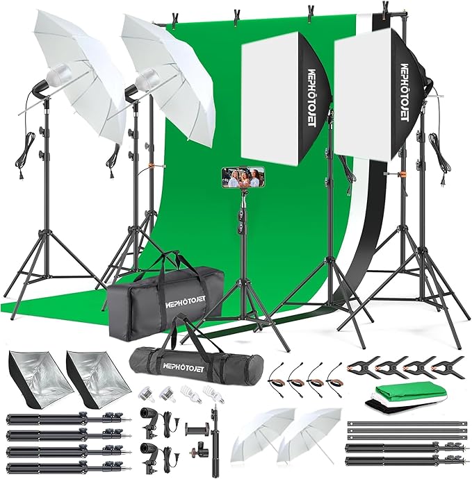 Photography Softboxes Kit with 8.5x10ft Backdrop Stands, 5 Tripod Stands, 3 Color Background Screen, Softbox with 85W Led Bulb, Photo Studio Equipment for Video Shoot, Product & Portrait