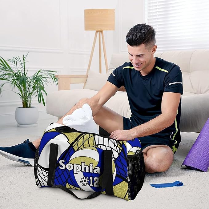 Custom Volleyball Deep Blue Gold Duffel Bag with Name Personalized Travel Bags Sport Gym Bag Carry On Weekender Bags for Men Women