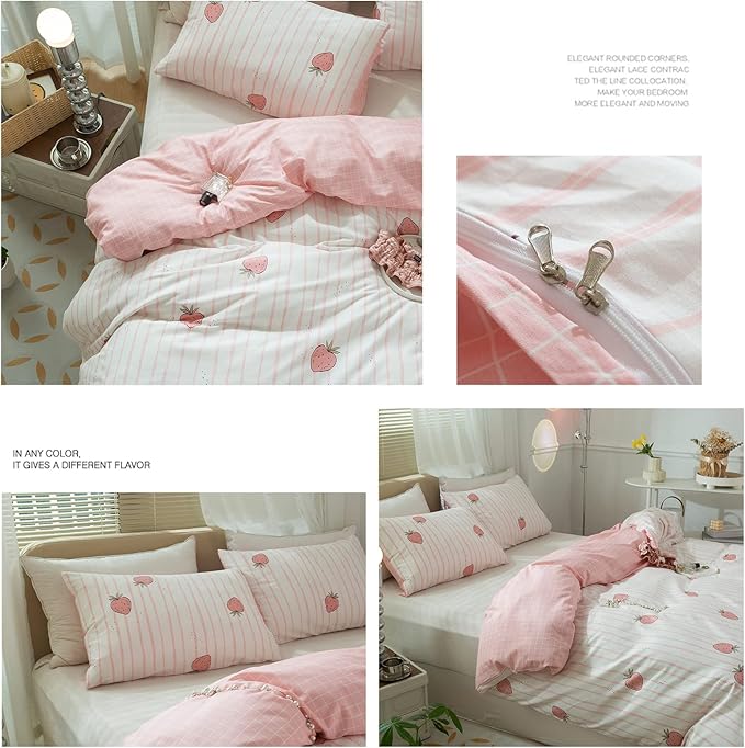 Pink Strawberry Duvet Cover Set Twin Kids Girls Kawaii Bedding Set 100% Cotton Fruit Strawberry Comforter Cover for Teens Children Boys Lovely Cartoon Kids Kawaii Bedroom Collection with 2 Pillowcases
