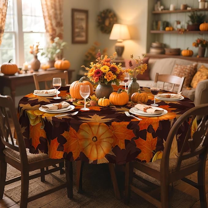 Eikione 70In Round Tablecloth, Pumpkin Table Cloth, Black Checkered Tablecloth Pumpkin Fall Tablecovers