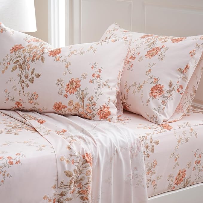 Zusbest King Size Sheets 100% Percale Cotton Orange Floral Bed Sheet Set, Brushed for Extra Softness, Breathable Luxury Flannel Sheets Like Shabby Vintage Flower Print Deep Pocket Bed Set 17.5'' 4 Pcs
