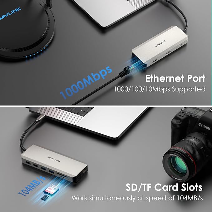 WAVLINK USB C Laptop Docking Station Dual Monitor for Dell/Lenovo/HP/XPS, USB-C Hub Multiport Adapter Dongle Dock with 2 HDMI, DisplayPort, Ethernet Hub, 85W Power Delivery, SD Card Reader, Audio