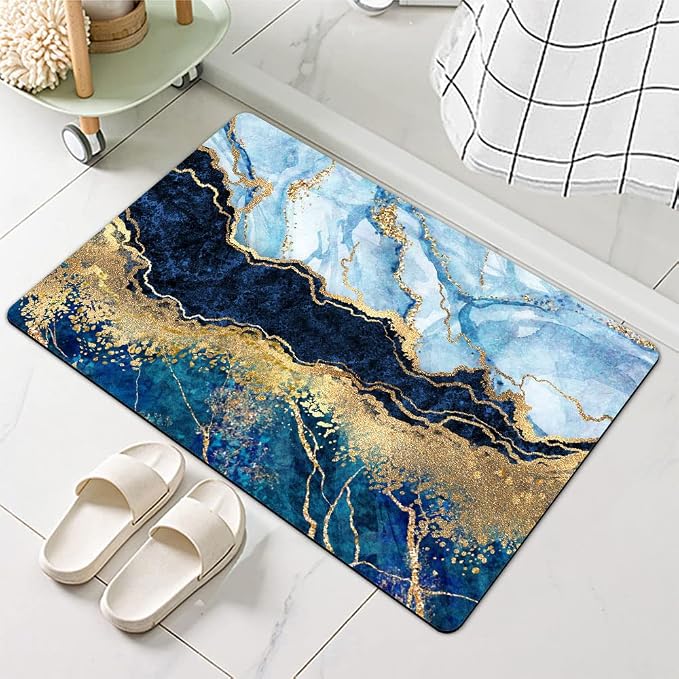 Diatomaceous Earth Bath Mat,Blue White Black and Gold Marble Non-Slip Volume Super Absorbent Fast Drying for Bathroom Kitchen Door mat,Eco-Friendly Easy to Clean 20×31Inch (50 * 80cm)