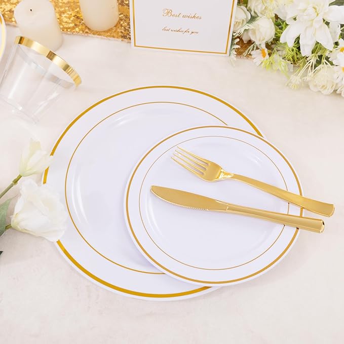 DaYammi 350PCS Gold Plastic Dinnerware Set for 50 Guests, Thanksgiving Plates Disposable, Include: 50 Dinner Plates, 50 Dessert Plates, 50 Pre Rolled Napkins with Gold Silverware, 50 Cups