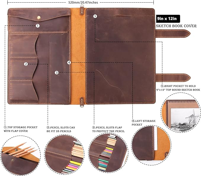 Robrasim Handmade Leather Sketchbook Cover, Artist Sketch Pad Holder for 9"X12" Top Spiral Bound Sketchbook, Drawing Book Pencil Case, Journal Portfolio with Shoulder Strap, Artist Gifts,Brown