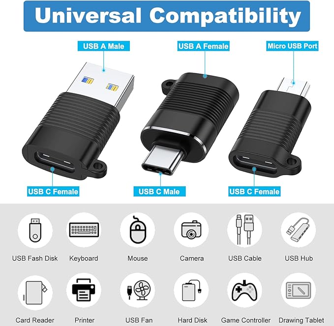 AreMe USB C Adapter (6 Pack), Micro USB Male to USB C Female Adapter, USB 3.0 to Type C Converter Connector (Black)