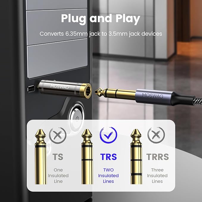 MOSWAG 3.5mm to 6.35mm Adapter, 3.5mm TRS 1/8 inch Audio Male to 6.35mm 1/4 inch Female Mic Plug Adapter Jack Converter for amplifiers, Mixing Console, Home Theater Devices, Electric Guitar -1Pack