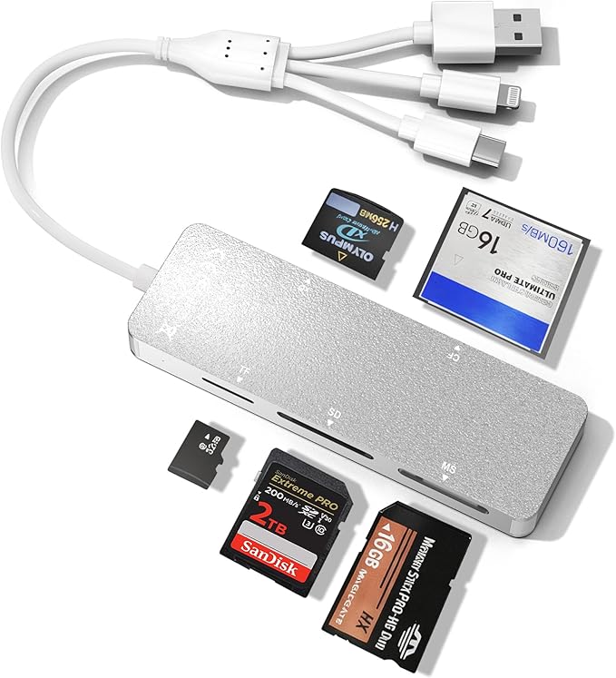Memory Stick Pro Duo Reader for Lexar/Sony/Fuji - 5in3 Aluminum OTG Adapter for Memory Stick Pro Duo/XD/Compact Flash/SD/Micro SD Cards, Lightning USB C USB A Multi Card Reader for Camera/GoPro/Drone