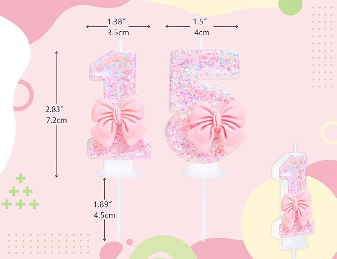 Number 15 Candle Pink Sequins and Bowtie 15th Cake Topper, 15 Birthday Candle for Girls Pastel Sweet Theme Birthday Party or Adults Milestone Age Decoration