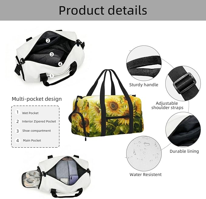 Sports Gym Bag Sunflowers Oil Painting Travel Duffel Bag With Shoe Compartment Shoulder Strap, Lightweight Water-Resistant Weekend Overnight Totes For Women Men