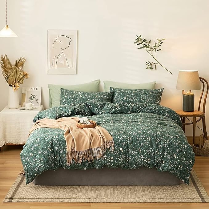 Vintage Green Floral Duvet Cover Twin XL Jersey Knit Cotton Chic Floral Bedding Set Garden Style Flower Botanical Duvet Cover Cottagecore Pillowcases