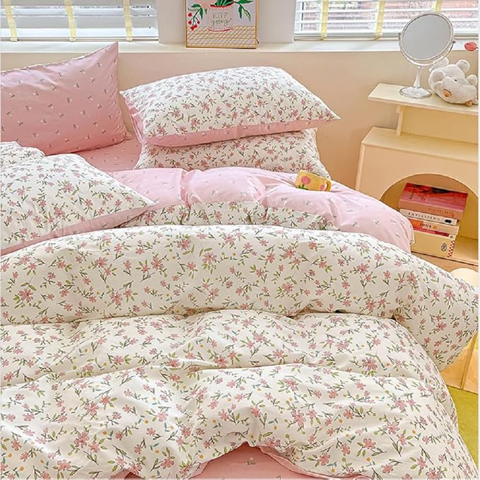 Vintage Style Pink Floral Duvet Cover Queen Cotton Garden Flower Comforter Cover Girls Cute Floral Bedding Set Chic Botanical Comforter Cover with 2 Pillowcases White Floral Duvet Cover with Zipper