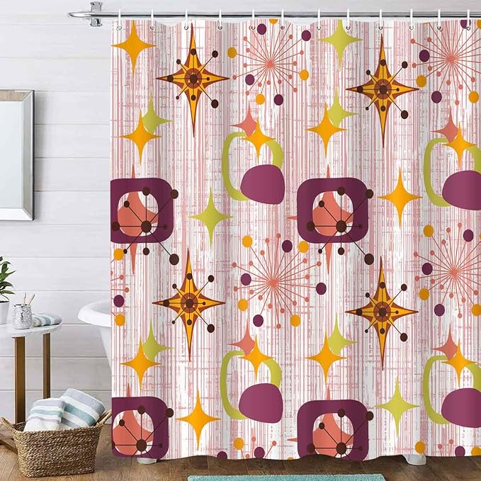 Mid Century Shower Curtain, 60x72inch, Modern Abstract Retro Red Striped Geometric Shower Curtain Sets 1950s Boho Bathroom Shower Curtain with 10 Hooks