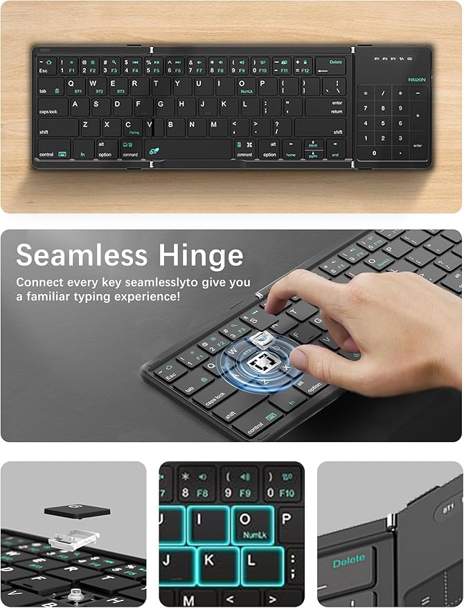 Nillkin Upgraded Foldable Bluetooth Keyboard with Touchpad & Number Pad, Portable Wireless Keyboard for Travel, Pocket-Sized, Full Size Keys, Support 3 Devices for iPad Laptop Tablets Phone, Black