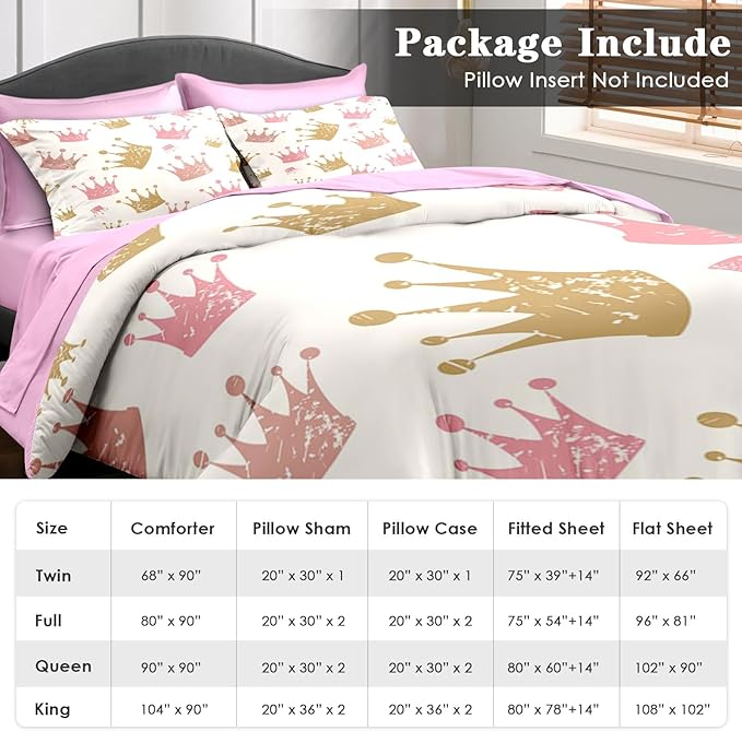 Comforter Set King Size, Cute Kids Crown 7 Pcs Bedding for Kids and Adults, Pink Princess Girls Bed Sheet Sets with Fitted Sheet 2 Pillowcase & 2 Sham for Bedroom Bed Decor