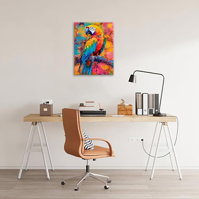 Parrot Wall Art, Graffiti Parrot Pictures Wall Decor, Colorful Birds Canvas Prints, Banksy Animal Painting, Framed Artwork for Bathroom Living Room Bedroom Office Dining Room 24"X20"