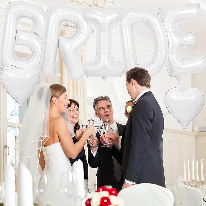 40inch White BRIDE Letter Balloons, Giant White Bride Foil Helium Balloon Banner with Heart Balloon for Bride to Be Wedding Engagement Bridal Shower Bachelorette Party Decoration