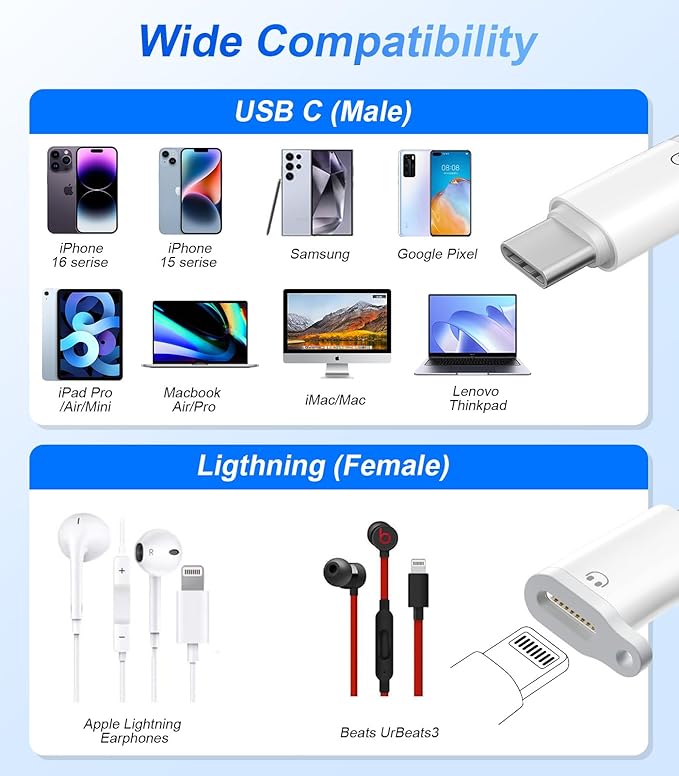 Lightning to USB C Audio Adapter for Heaphones Support Line Control, 2 Packs USBC Male to Lightning Female Earbuds Adapter, Not for Charging/Data Transfer, USB-C for Apple iPhone 17 16 15/iPad