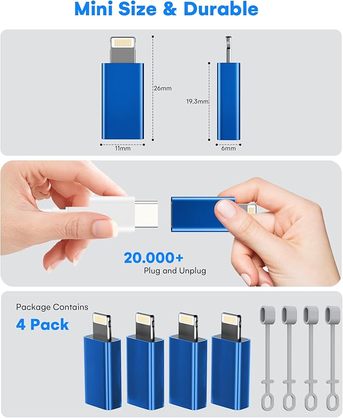 MFi Certified USB C to Lightning Adapter 4-Pack, 27W Fast Charging & Data Sync, Lightning to USB Type C Cable Adapter Compatible with iPhone 14/13/12/Pro/Max, iPad, AirPods, with Anti-Loss Lanyard