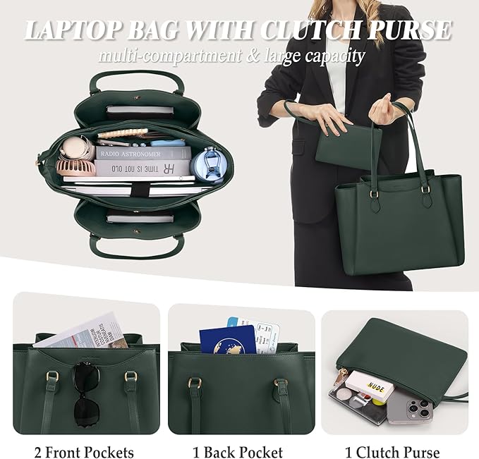 RAINSMORE Laptop Bag for Women 15.6 Inch Work Tote Bags Waterproof Computer Bags Leather Professional Laptop Purse Womens Laptop Briefcase Large Handbag for Office Teacher Travel, Green