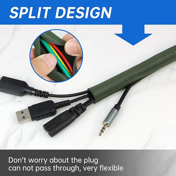 YOUBO Split Braided Cable Sleeve，Flexible Wire Loom Tubing, Automotive Cord Protector Pet Proof, Cable Management for Computer TV Electric Wires Harness 16ft (Dark Green, 19mm（3/4")
