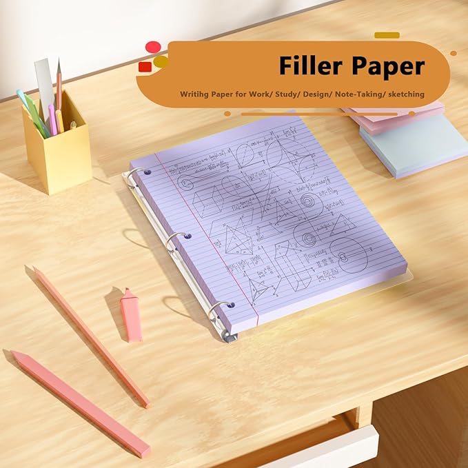 Purple Loose Leaf Paper 200 Sheets Colored Filler Paper 2 Pack 8 * 10.5 College Ruled Paper 3-Hole Punched Paper for 3-Ring Binders Notebook Lined 8" x 10.5"
