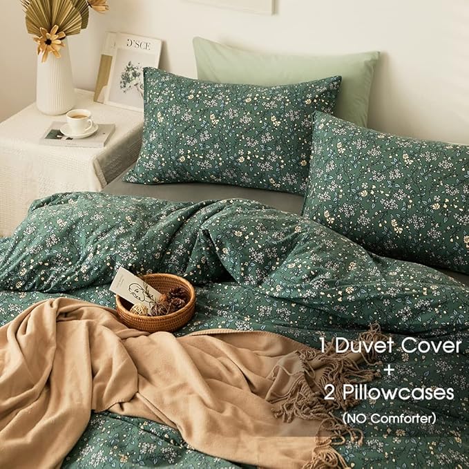EAVD Vintage Style Green Floral Duvet Cover Twin XL Jersey Cotton Cottagecore Bedding Set with 2 Pillowcases Chic Shabby Botanical Floral Comforter Cover with Zipper Closure