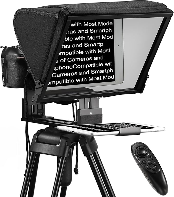 TX12P Teleprompter with Remote App Control, 14inch Metal Teleprompter，Compatible with iPad, Smartphone, DSLR Camera,Collapsible with Carry Case,Easy to Assemble