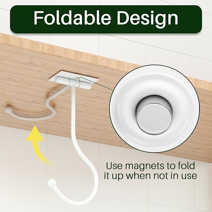 Modern Banana Hanger Hook Under Cabinet: Adhesive Banana Holder, Foldable with Magnets When Not in Use, Under Counter Banana Hook, Stainless, Hold 13 LB, White, 2 Pack