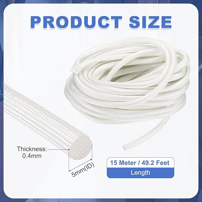 uxcell Insulation Cable Protector,5mm/0.20 Inch-15m/49 Feet High Temp Fiberglass Sleeve White
