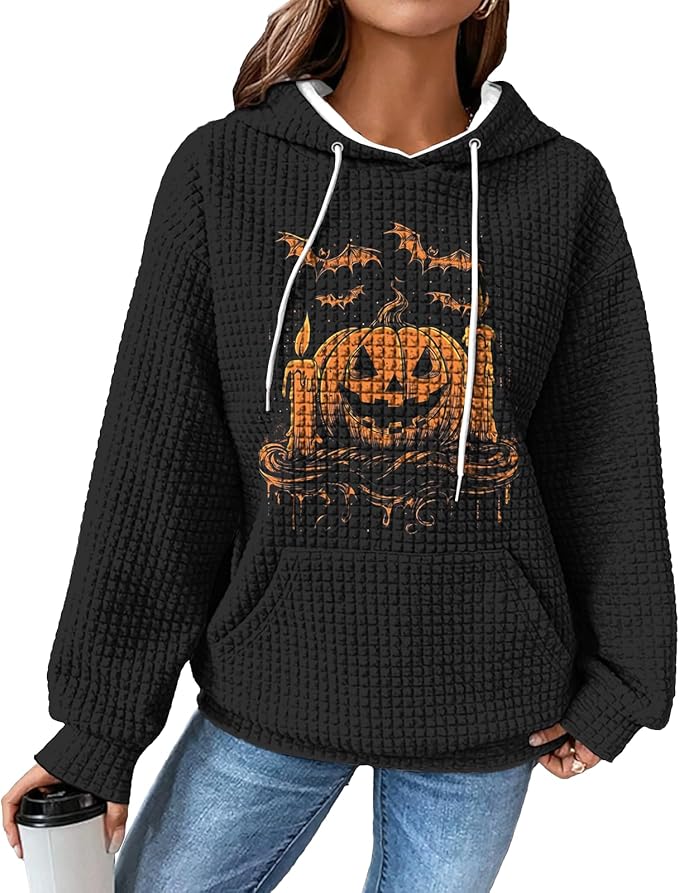 Halloween Sweatshirts for Women Novelty Graphic Drawstring Waffle Hoodies Loose Casual Pullover Tops with Pocket