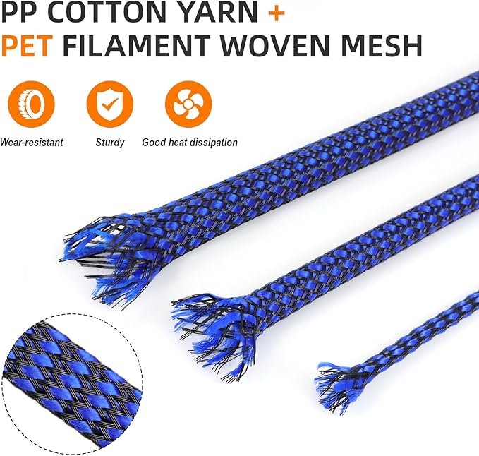 Braided Expandable Cable Sleeve, 25ft PP Cotton and PET Braided Cable Management, Flexible Mesh Wire Loom and Cable Protector for TV, Computer, Home Theater, Automotive (Blue, 5/16")