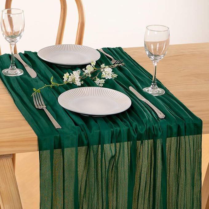 MLMC Emerald Green Table Runner Boho Dark Green Christmas Cheesecloth Table Runner 10ft Sheer Gauze Cheese Cloth Decorations for Wedding Bridal Shower Home Party Decor