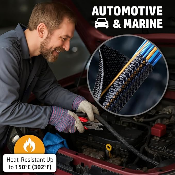 MGI SpeedWare Braided Split-Sleeve Wire Loom for High-Temperature Automotive Harness and Home Cable Management 25 feet (1")