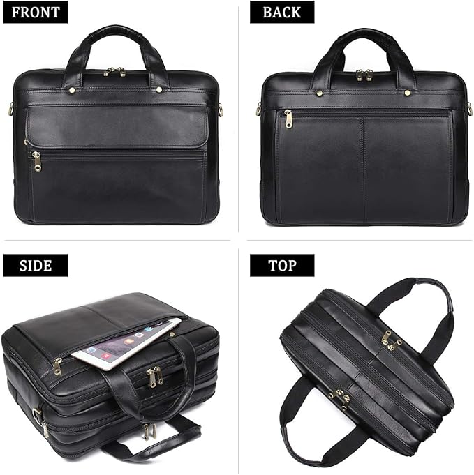 Augus Leather Briefcase for Men Business Travel Messenger Bags 15.6 Inch Laptop Bag, Black