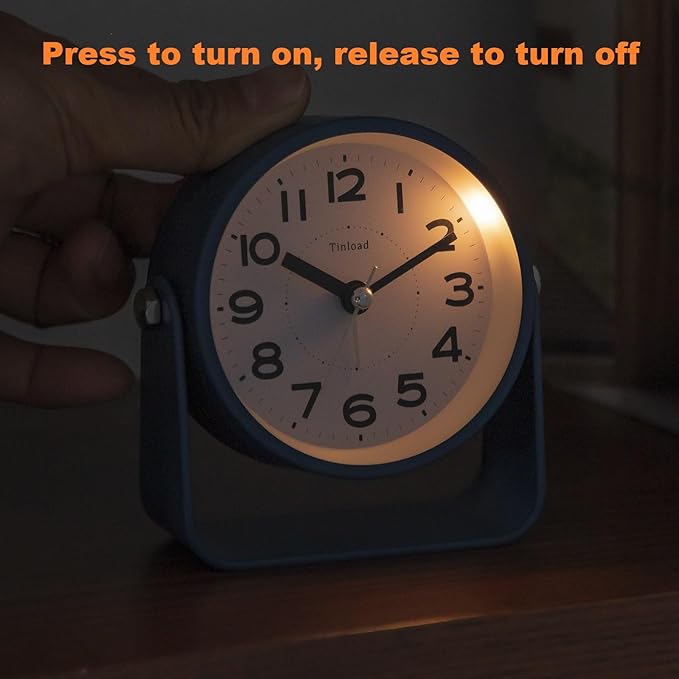 Tinload Analog Alarm Clock for Bedroom, Silent Non-Ticking Quartz Movement, Battery Operated with Snooze & On-Demand Light, Bedside Desk Table Clock, Ideal for Home,Office (Blue)