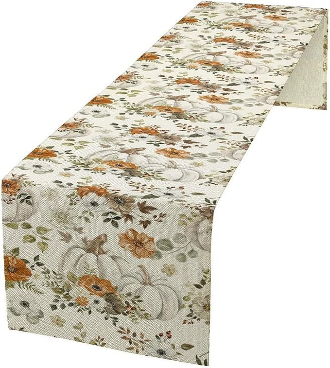 Fall Pumpkin Table Runner Rustic Floral Watercolor Plants White Vegetables Flowers Pastoral Theme Home Decor for Farmhouse Indoor Outdoor Party Holiday Dining Kitchen Restaurant Cafe W13xL36in