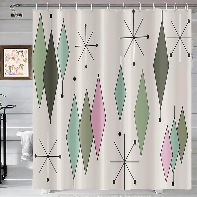 Mid Century Shower Curtain Modern Abstract Green Pink Diamond Geometric Atomic Starburst Pattern for 1950s Retro Bathroom Decor Accessories Shower Curtain Set with 12 Hooks, 72x78 Inches