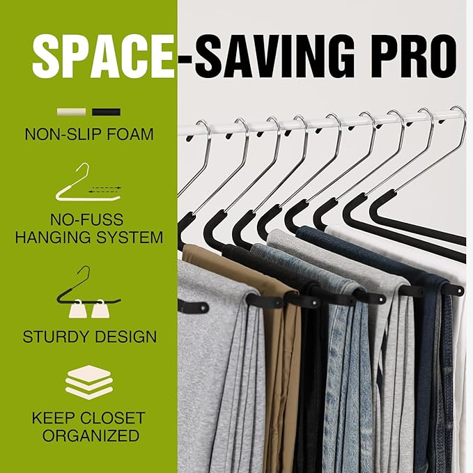 Spring Fever Open Ended Non Slip Sponge Padded Pants Hangers - Chrome Plating Foam Heavy Duty Space Saving Black Long 5