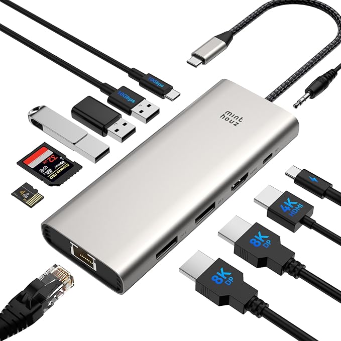 USB C Docking Station Dual Monitor Adapter,Minthouz Displayport Docking Station with Dual DP,USB Hub 4K HDMI,100W PD in,10Gbps USB A/C,2.5G Ethernet Port for for Windows & Mac and More