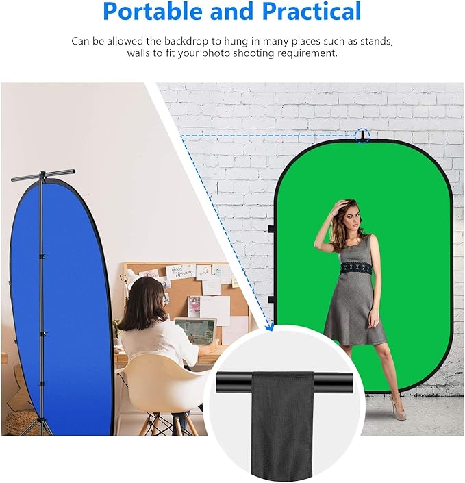 5X 6.5ft Portable Green Screen Backdrop Double-Sided 2-in-1 Blue Screen Pop Up Chromakey Backdrops Collapsible and Reversible Background for Photography,Live Streaming,5’×6.6’/1.5×2m