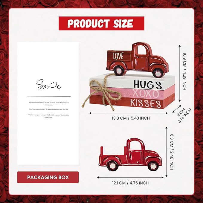 Smile Valentine's Day Wooden Book Decor Red Truck, LOVE XOXO HUGS & KISSES Signs, Valentine Indoor Decoration