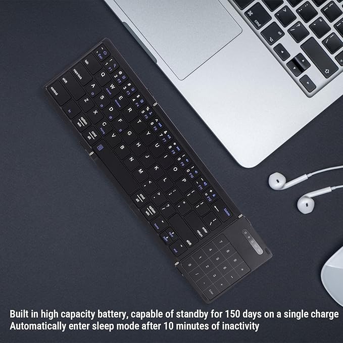 SUNGOOYUE Foldable Keyboard, Portable 5.3 2.4G Wireless Keyboard with Touchpad Number Pad with 59.3 x 64.8mm touchpad Battery for Tablet Laptop PC Smartphone